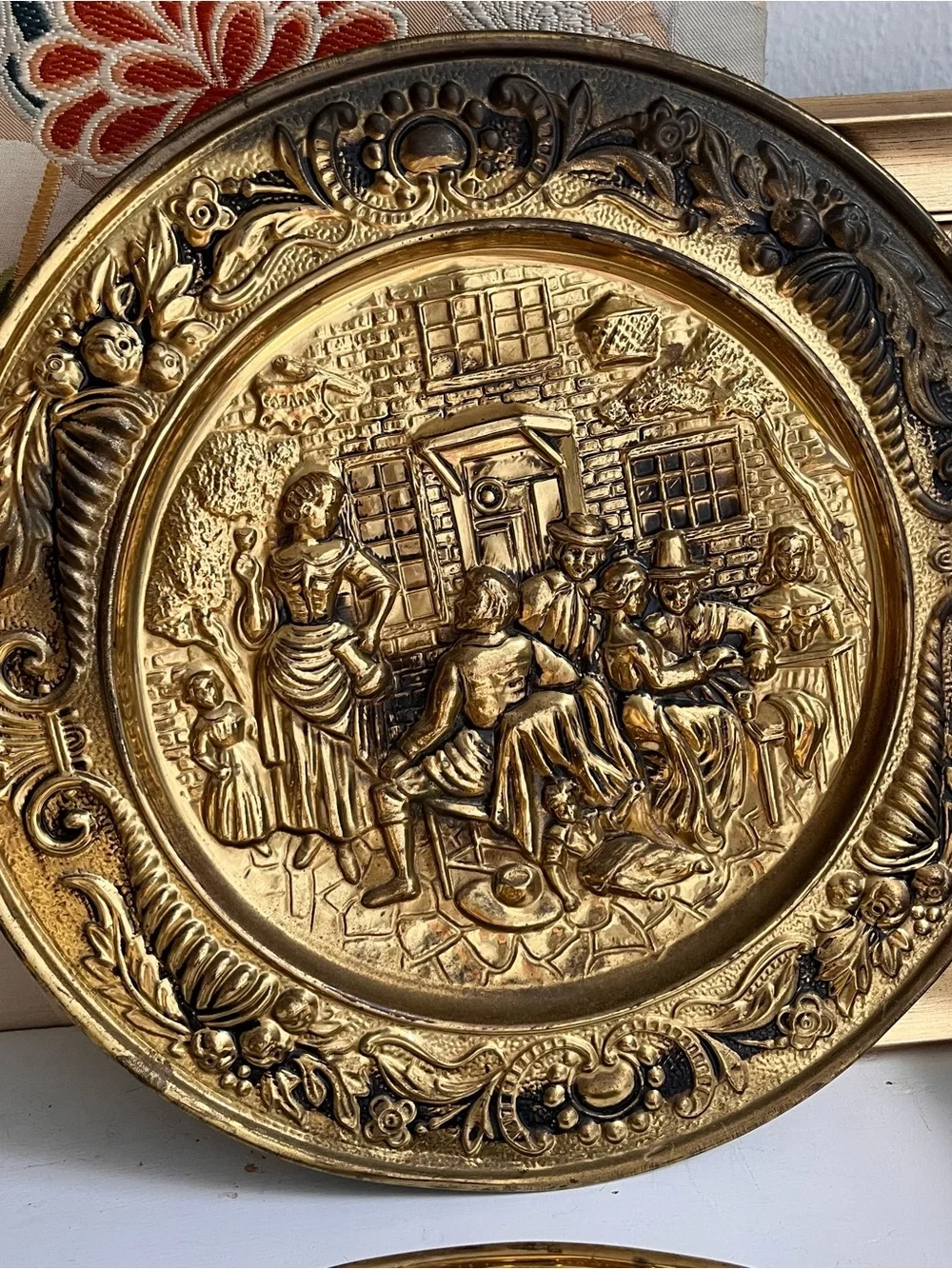 Vintage English embossed decorative Brass wall hanging plates set of 2